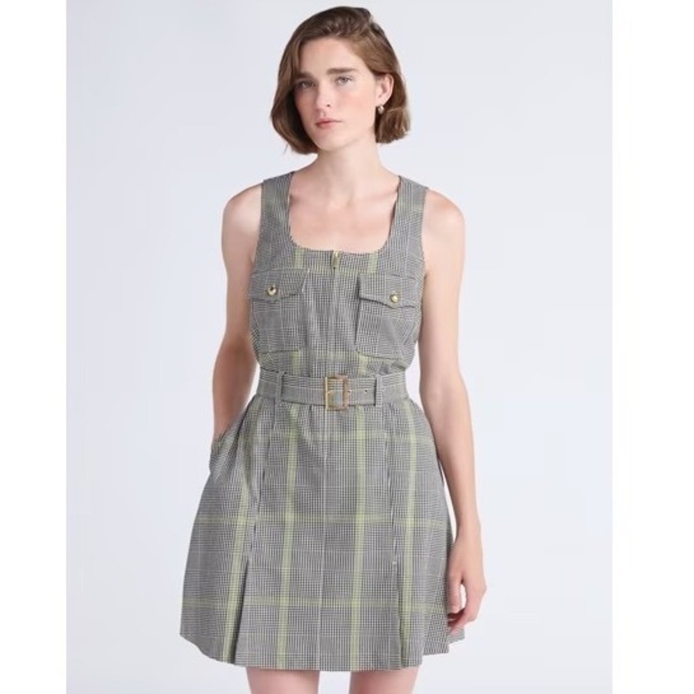 Free Assembly Women Plaid Houndstooth Zip Front Belted Utility Preppy Dress Sz M
